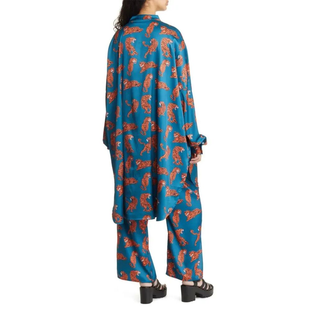 Dressed In Lala Tiger Satin Matching Set Oversized Button Up Tunic & Pants S
